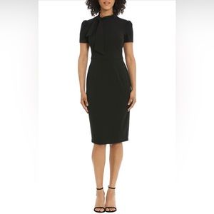 Maggy London Tie Neck Puff Sleeve Scuba Crepe Dress Black size 14P (MSRP $128)